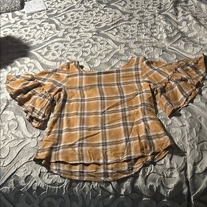 Maurices Yellow and Gray Plaid Ruffle Sleeve Blouse